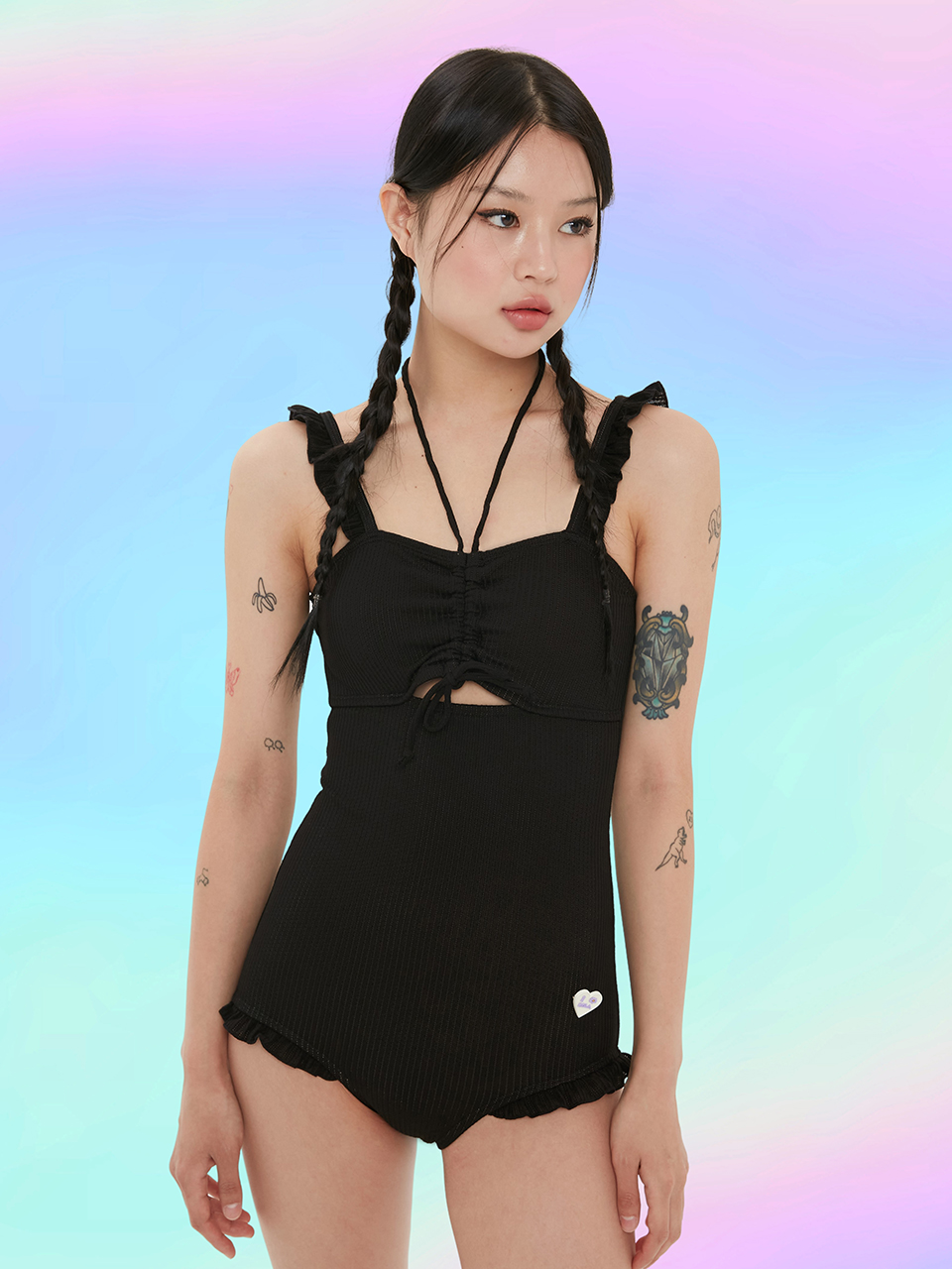 (OP-20375) SHIRRING FRILL ONEPIECE SWIMSUIT BLACK