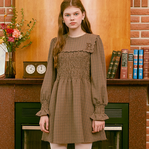 (OP-20515) CHECK SMOCKING SAILOR ONE-PIECE BROWN