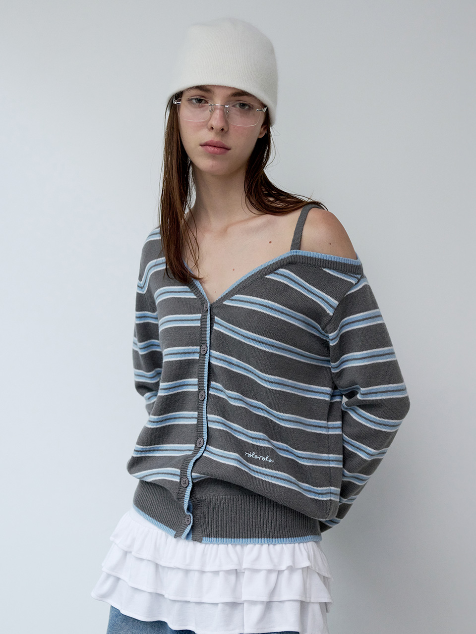ロラロラ ONE OFF SHOULDER STRIPE CARDIGAN MUSINSA | ROLAROLA ONE OFF SHOULDER STRIPE WOOL BLENDED CARDIGAN BLUE