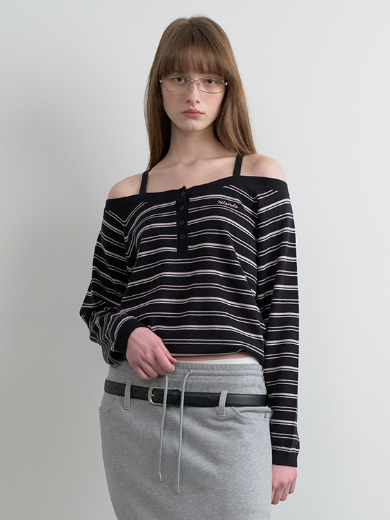 【rolarola】SHOULDER STRIPCARDIGAN MUSINSA | ROLAROLA ONE OFF SHOULDER STRIPE WOOL BLENDED CARDIGAN BLUE