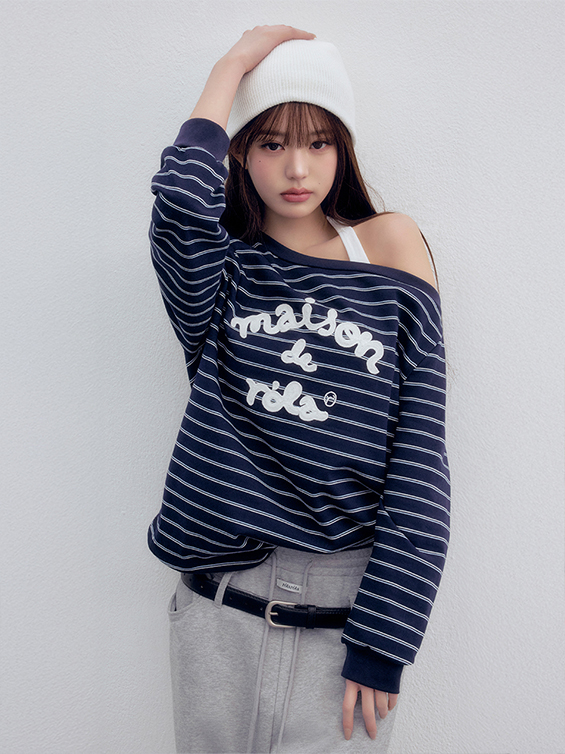 【rolarola】SHOULDER STRIPCARDIGAN ROLAROLA]ONE OFF SHOULDER STRIPE WOOL BLENDED CARDIGAN [BLACK]